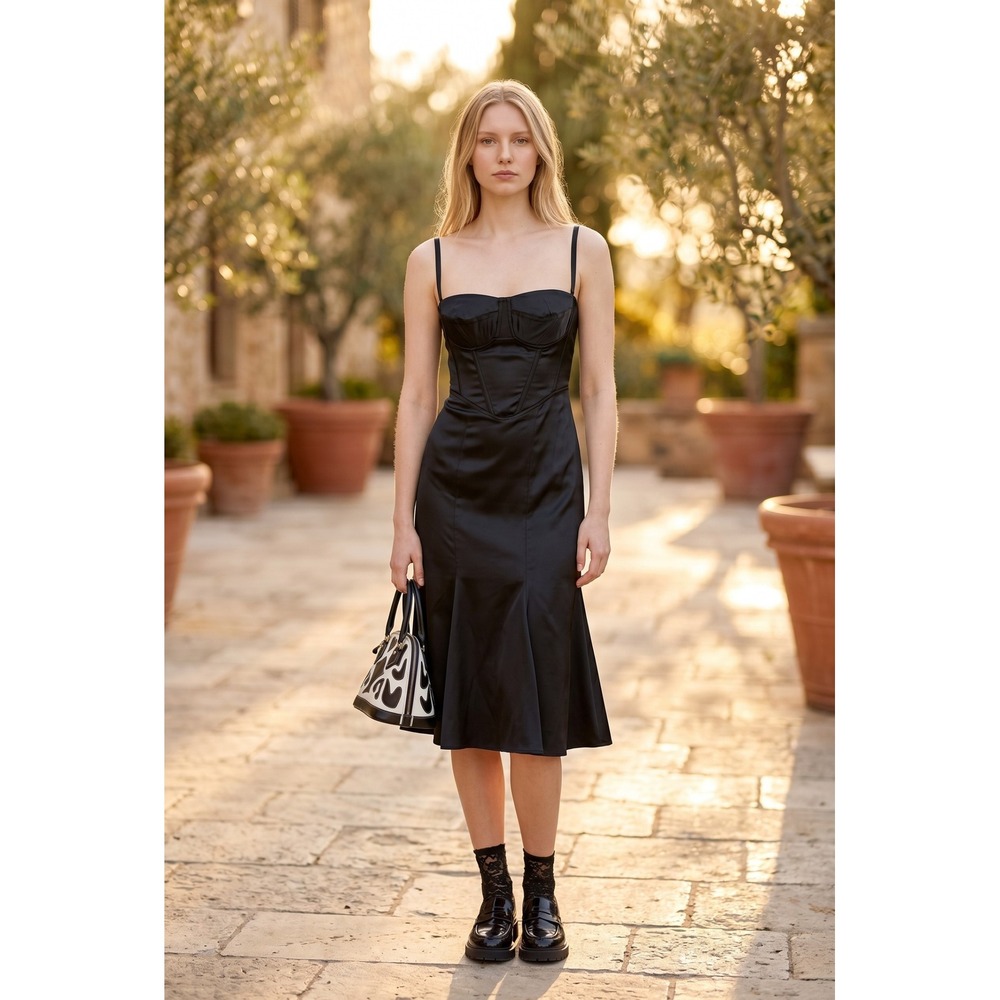 Just Cavalli Vintage Y2K Black Satin Corset Bustier Midi Dress IT42 Dark Romance
